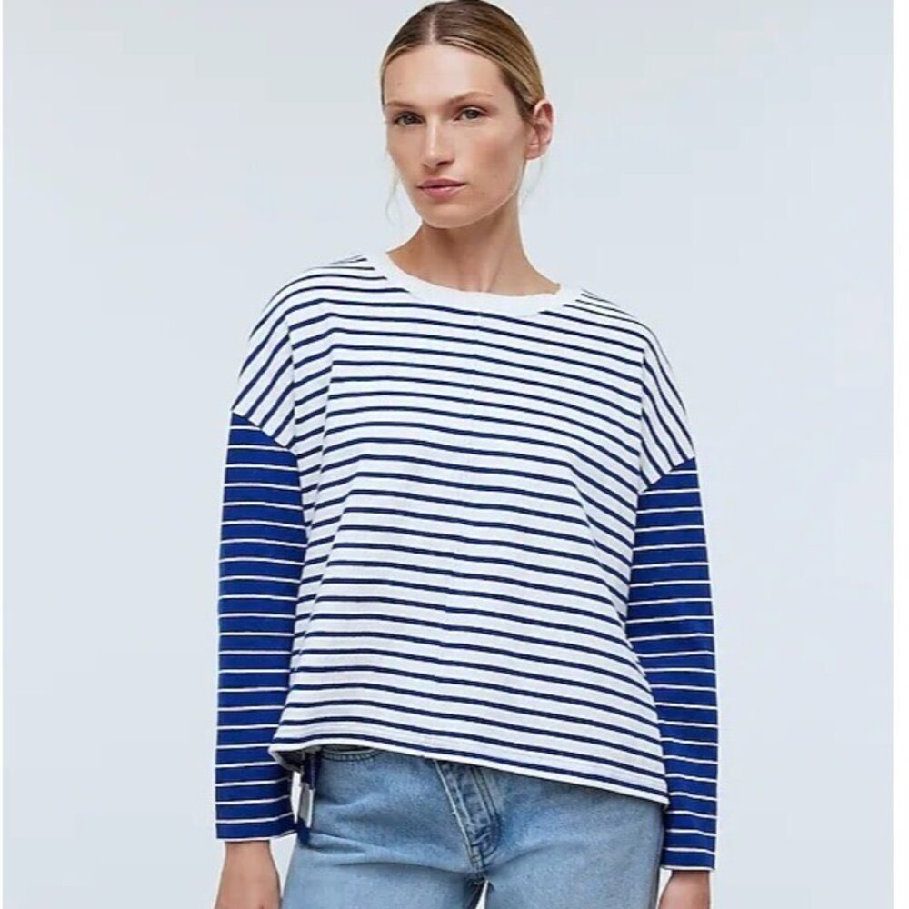 Madewell Easy Long Sleeve Contrasting Stripe Rugby Tee Womens Medium Blue White